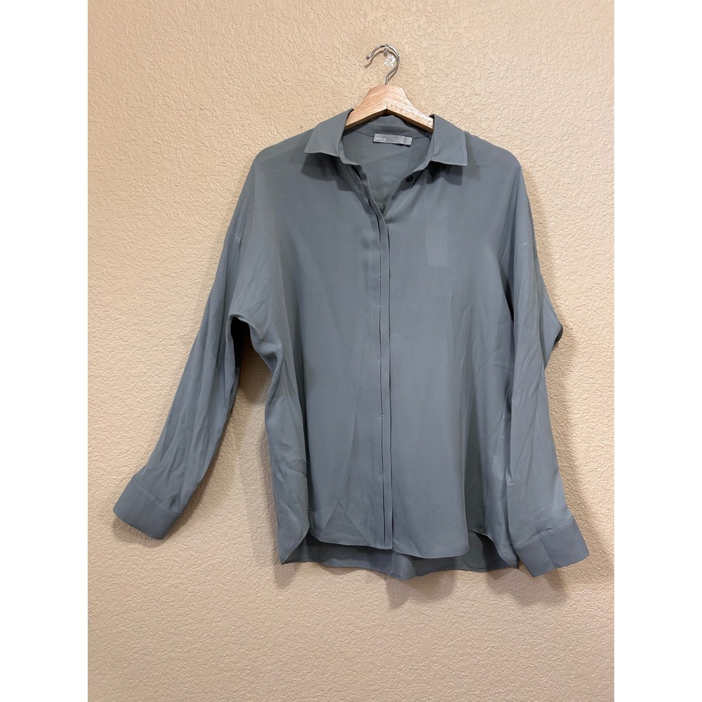 Vince Small Silk Button Down Blouse Battleship Green Gray V421011851 Long Sleeve
